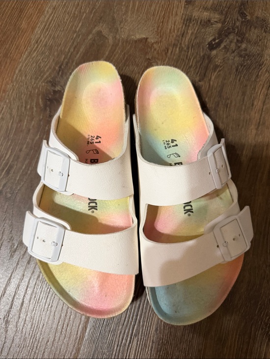 Birkenstock Shoes - Birkenstock White Double-Strap Womens Sandals with Rainbow Footbed